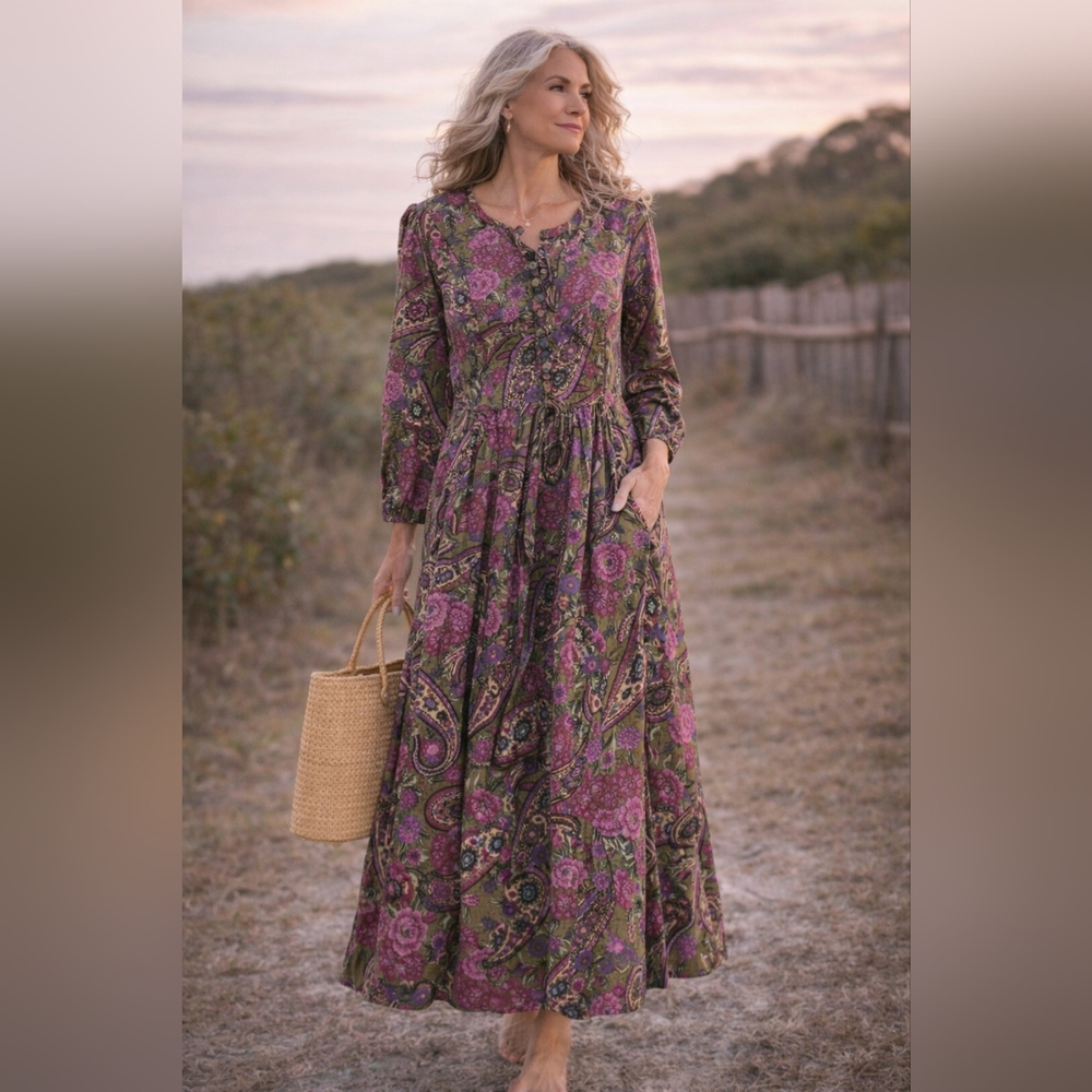 Vintage 90s Floral Paisley Midi Dress Rayon Tie Back Boho Cottagecore Pink Olive